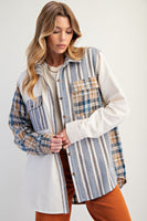 Easel Mixed Print Patchwork Shacket with Back Star Patches in Cream Blue
