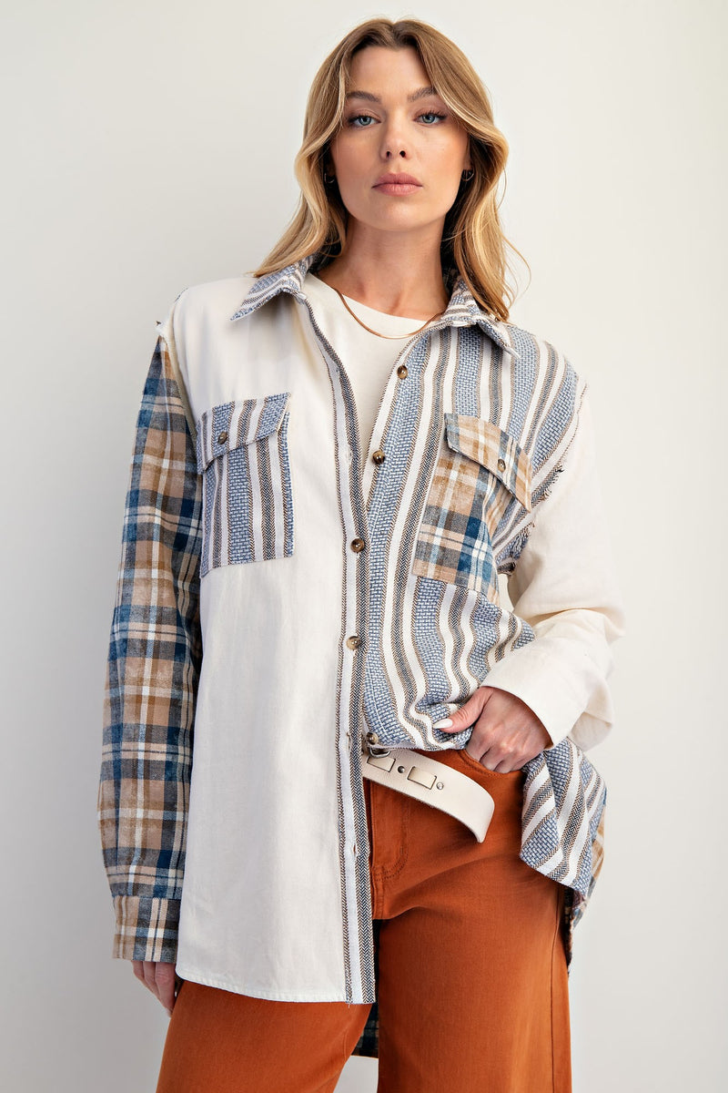 Easel Mixed Print Patchwork Shacket with Back Star Patches in Cream Bl ...