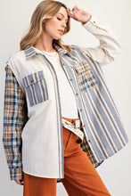 Load image into Gallery viewer, Easel Mixed Print Patchwork Shacket with Back Star Patches in Cream Blue
