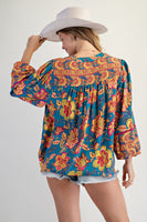 Easel Vibrant Floral Print Challis Top in Turquoise Blue