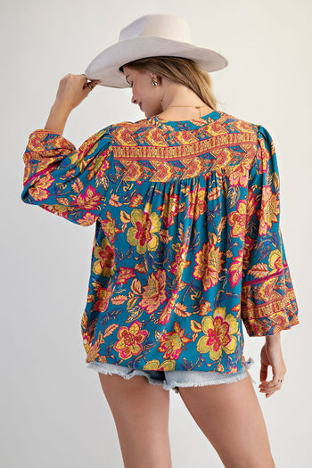 Easel Vibrant Floral Print Challis Top in Turquoise Blue