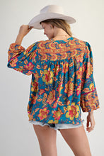 Load image into Gallery viewer, Easel Vibrant Floral Print Challis Top in Turquoise Blue
