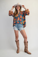 Easel Vibrant Floral Print Challis Top in Turquoise Blue