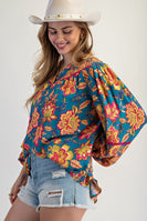 Easel Vibrant Floral Print Challis Top in Turquoise Blue