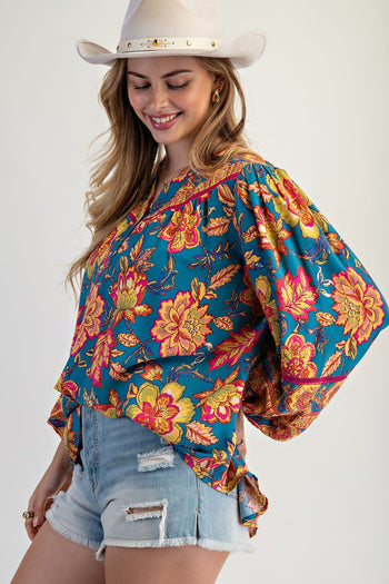 Easel Vibrant Floral Print Challis Top in Turquoise Blue