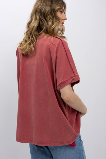 BlueVelvet Eyelet Lace Bow Patched Top in Magenta