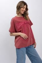 Load image into Gallery viewer, BlueVelvet Eyelet Lace Bow Patched Top in Magenta
