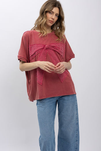 BlueVelvet Eyelet Lace Bow Patched Top in Magenta