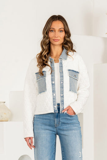 Sew in Love Quilted Jacket with Denim Accents in Off White/Denim