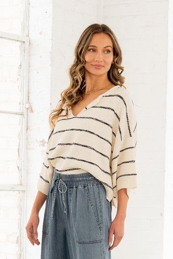 Sew in Love Textured Knit Striped Sweater in Cream/Black