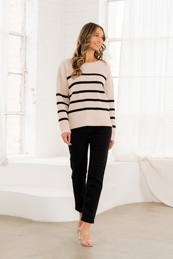 Sew in Love Knit Sweater with Contrasting Stripes in Oatmeal Black