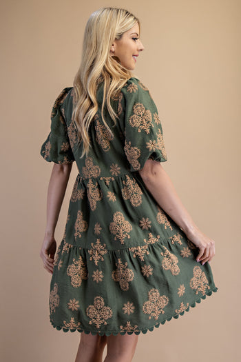 GiGio Puff Print Mini Dress in Olive Mix