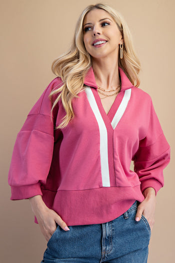 GiGio OVERSIZED Terry Knit Top with Contrasting Stripe in Rose Gold