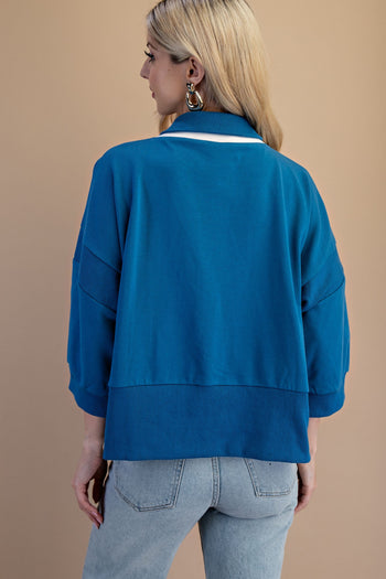 GiGio OVERSIZED Terry Knit Top with Contrasting Stripe in Steel Blue