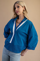 GiGio OVERSIZED Terry Knit Top with Contrasting Stripe in Steel Blue