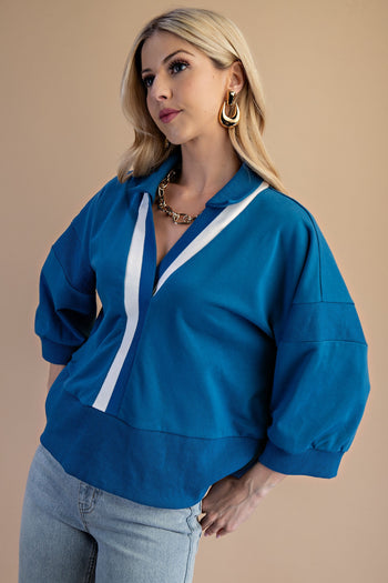 GiGio OVERSIZED Terry Knit Top with Contrasting Stripe in Steel Blue