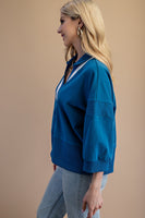 GiGio OVERSIZED Terry Knit Top with Contrasting Stripe in Steel Blue