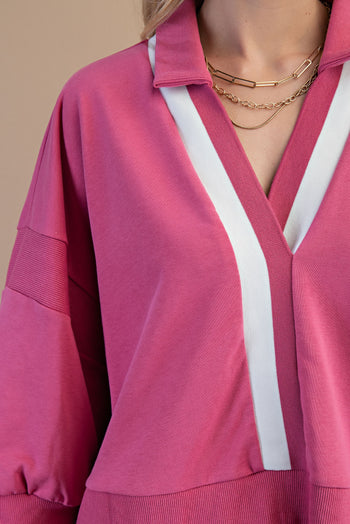 GiGio OVERSIZED Terry Knit Top with Contrasting Stripe in Rose Gold