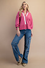 Load image into Gallery viewer, GiGio OVERSIZED Terry Knit Top with Contrasting Stripe in Rose Gold
