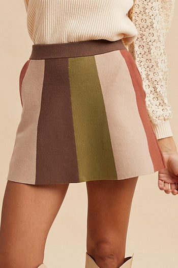 AnnieWear Vertical Color Block Sweater Knit Mini Skirt in Mocha Combo