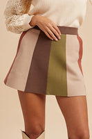 AnnieWear Vertical Color Block Sweater Knit Mini Skirt in Mocha Combo