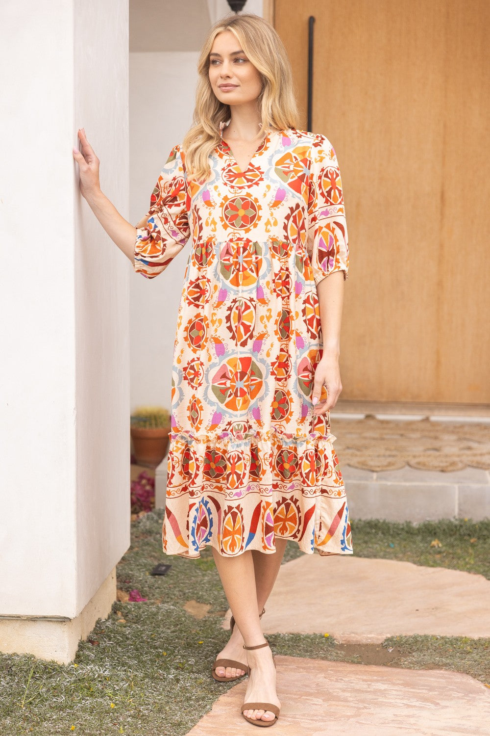 orange print midi dress VOY Boarder Print Midi Dress in Orange S