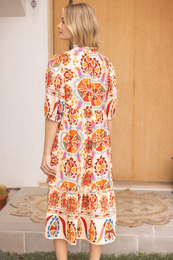orange print midi dress SSYS The Emery Midi Dress In Pink Orange Hexagon Print