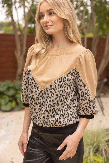 VOY Solid and Leopard Print French Terry Top in Brown