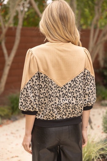 VOY Solid and Leopard Print French Terry Top in Brown
