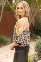 VOY Solid and Leopard Print French Terry Top in Brown