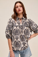 So Me Novelty Print Top with Wave Trim Details in Black/Tan