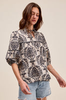 So Me Novelty Print Top with Wave Trim Details in Black/Tan