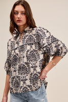 So Me Novelty Print Top with Wave Trim Details in Black/Tan