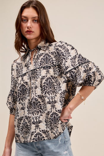 So Me Novelty Print Top with Wave Trim Details in Black/Tan
