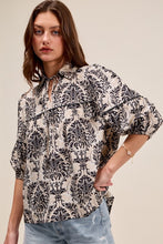 Load image into Gallery viewer, So Me Novelty Print Top with Wave Trim Details in Black/Tan
