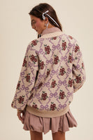Listicle Jacquard Bow and Flower Pattern Knit Sweater in Taupe