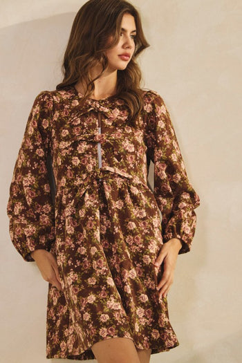 LovLov Corduroy Floral Print Mini Dress in Brown