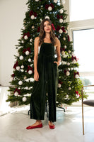 LovLov Solid Color Velvet Overalls in Hunter Green