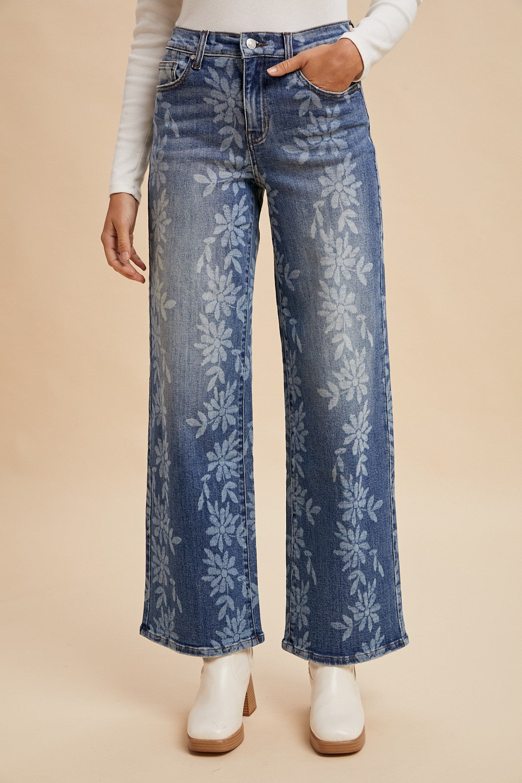 AnnieWear Daisy Print Denim Jeans in Medium Denim – June Adel