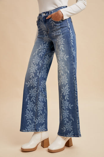 AnnieWear Daisy Print Denim Jeans in Medium Denim