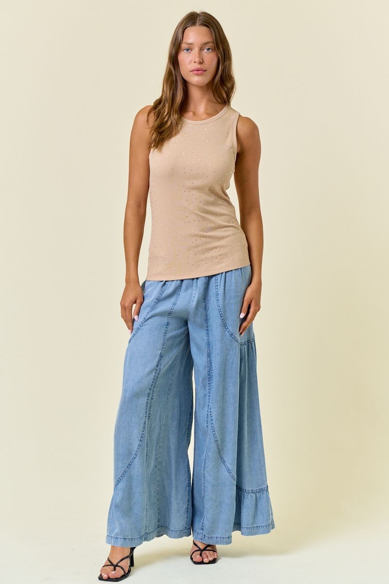 Doe & Rae Rhinestone Ribbed Tank Top in Nude