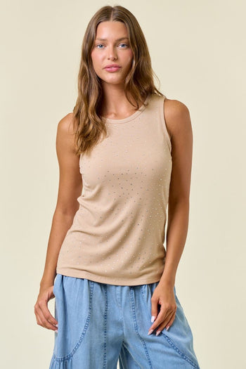 Doe & Rae Rhinestone Ribbed Tank Top in Nude
