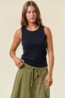 Doe & Rae Rhinestone Ribbed Tank Top in Black