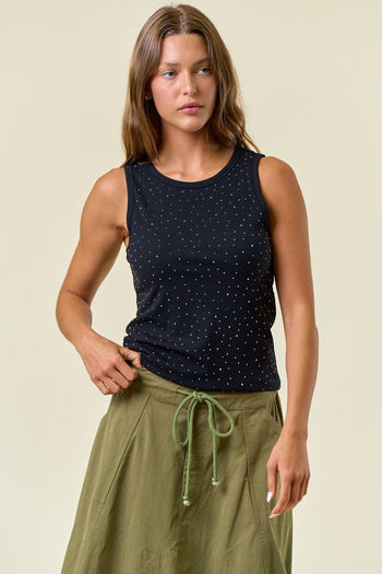 Doe & Rae Rhinestone Ribbed Tank Top in Black