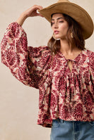 BiBi Two Tone Abstract Print Top in Mauve/Burgundy