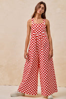 BiBi GAME DAY Checkered Print Wide Leg Jumpsuit in Red