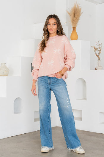 Sew in Love Bow Pattern Knit Sweater in Blush