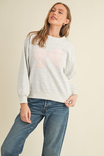 Cloud Ten Sweatshirt with Velvet Bow Patch on Front in Heather Grey