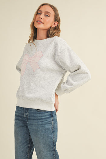 Cloud Ten Sweatshirt with Velvet Bow Patch on Front in Heather Grey