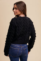 Listicle Open Front Cable Knit Cardigan with Contrasting Color Bow Tie Front in Black